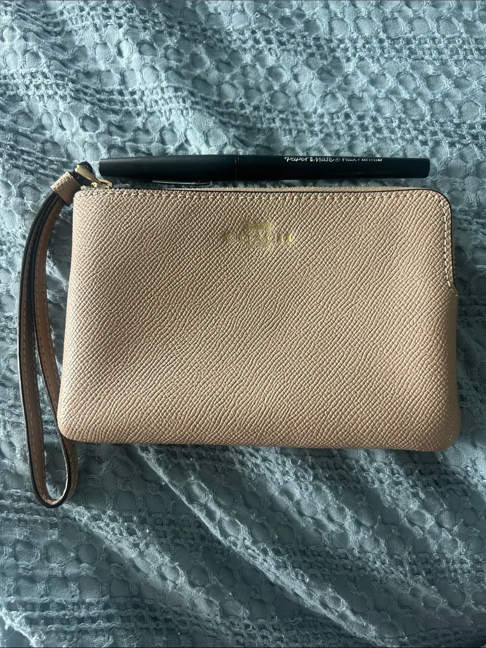 Coach Pebbled Leather Wristlet in Tan
